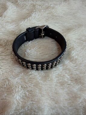 Coach Black Leather Stud Bracelet with Silver Hardware
